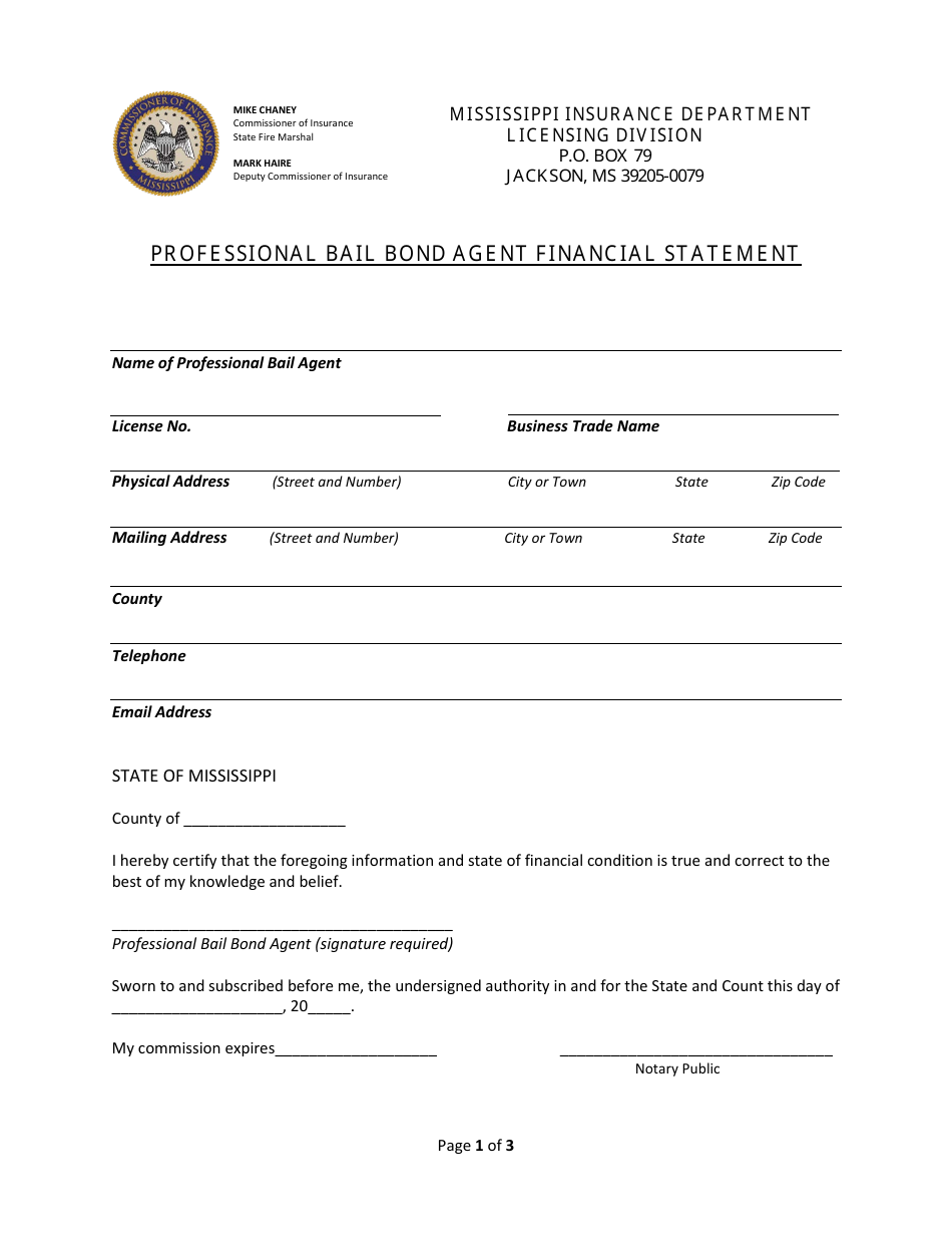 Professional Bail Bond Agent Financial Statement - Mississippi, Page 1