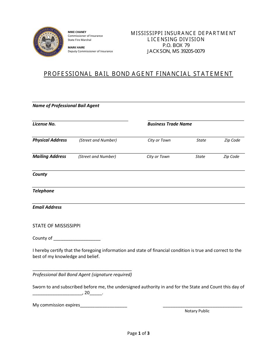 Mississippi Professional Bail Bond Agent Financial Statement Download Fillable Pdf Templateroller