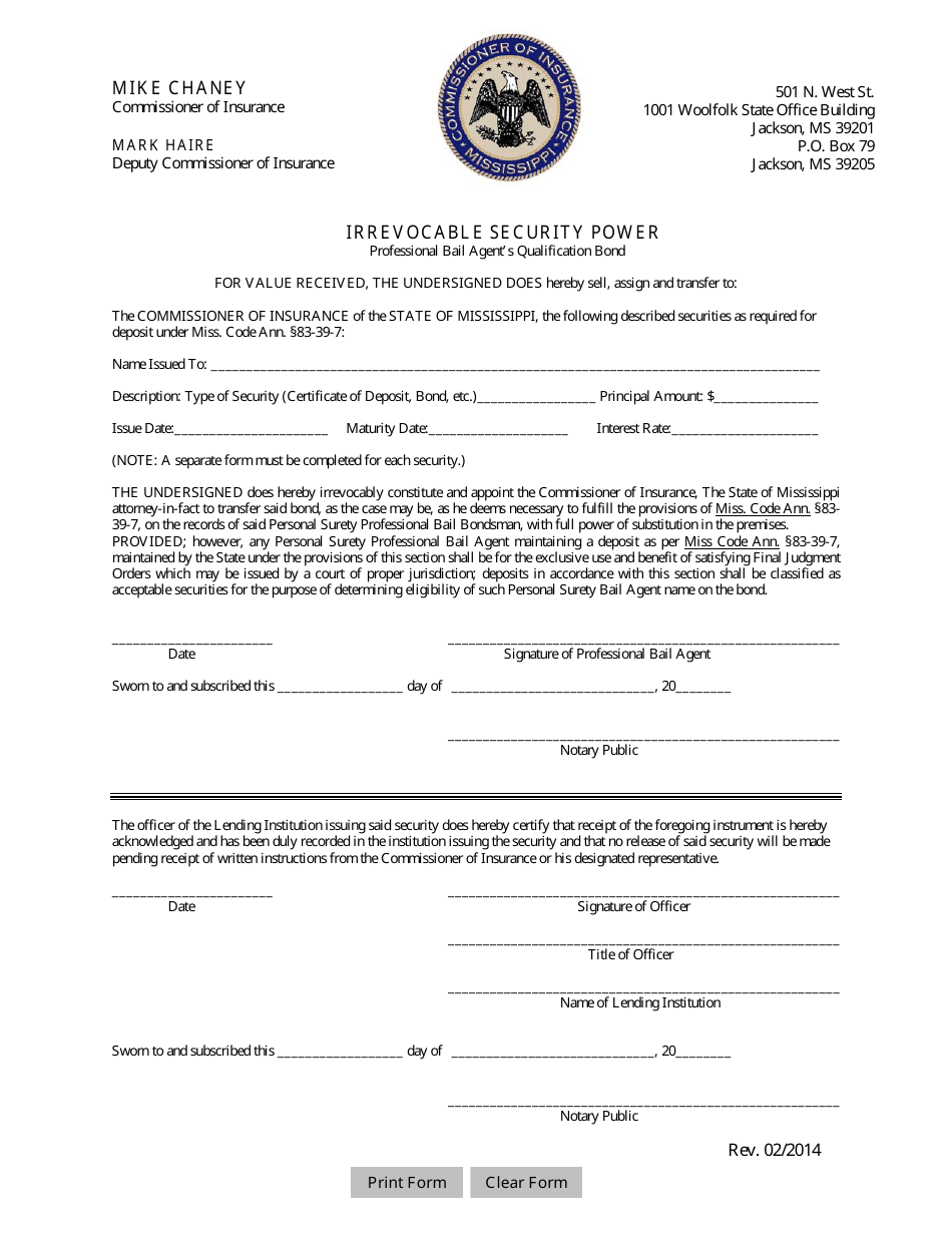Irrevocable Security Power - Professional Bail Agents Qualification Bond - Mississippi, Page 1