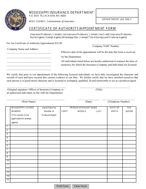 Certificate of Authority / Appointment Form - Mississippi Download Pdf