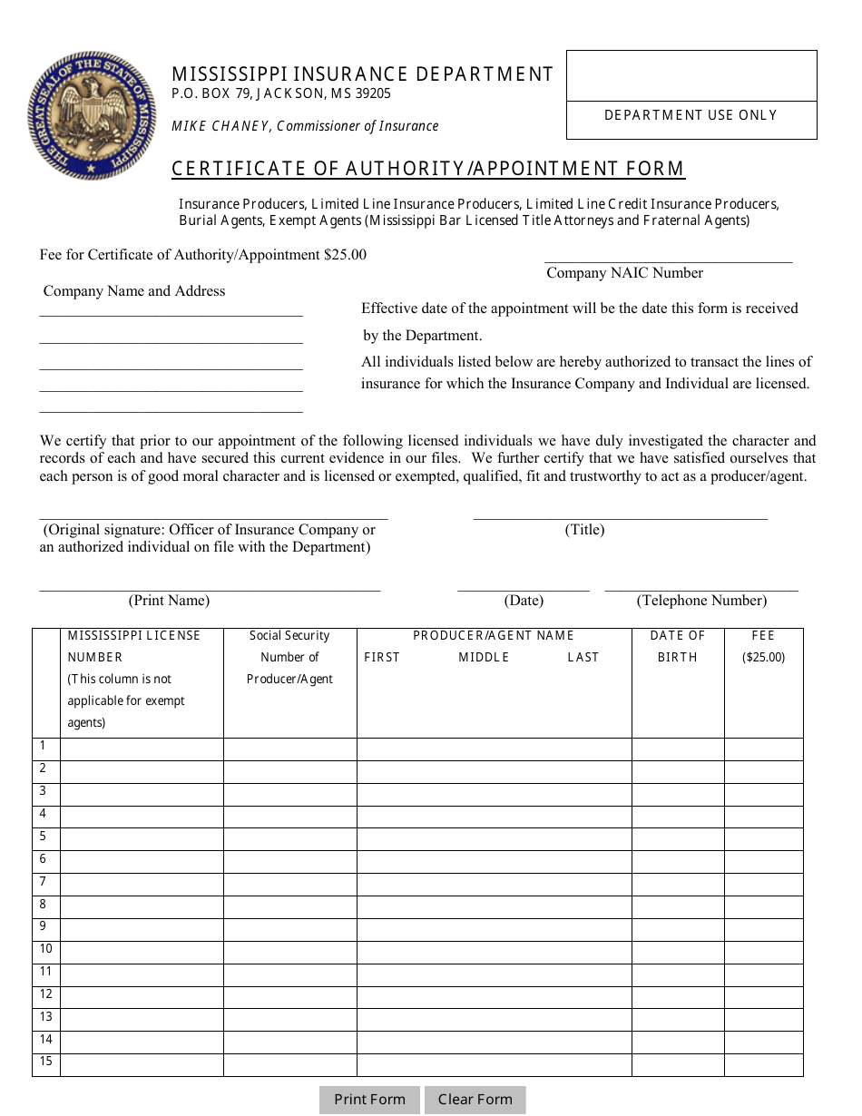 Certificate of Authority / Appointment Form - Mississippi, Page 1