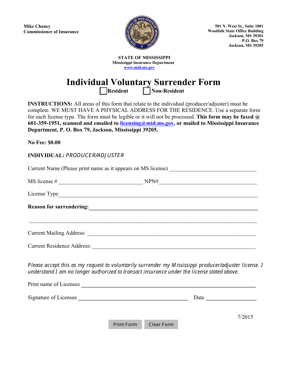 Individual Voluntary Surrender Form - Mississippi, Page 1