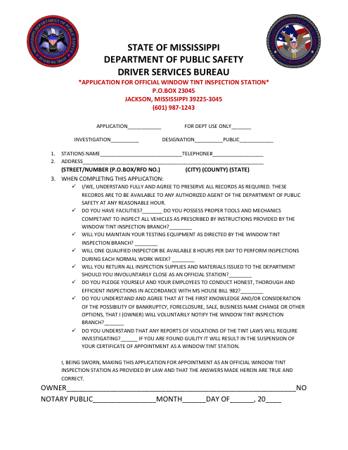 Application for Official Window Tint Inspection Station - Mississippi Download Pdf
