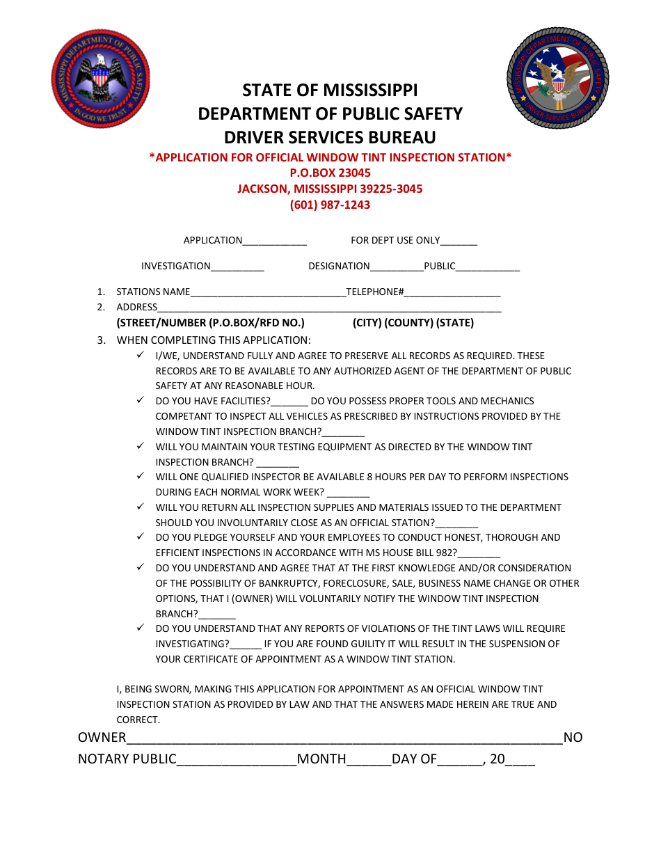 Mississippi Application for Official Window Tint Inspection Station