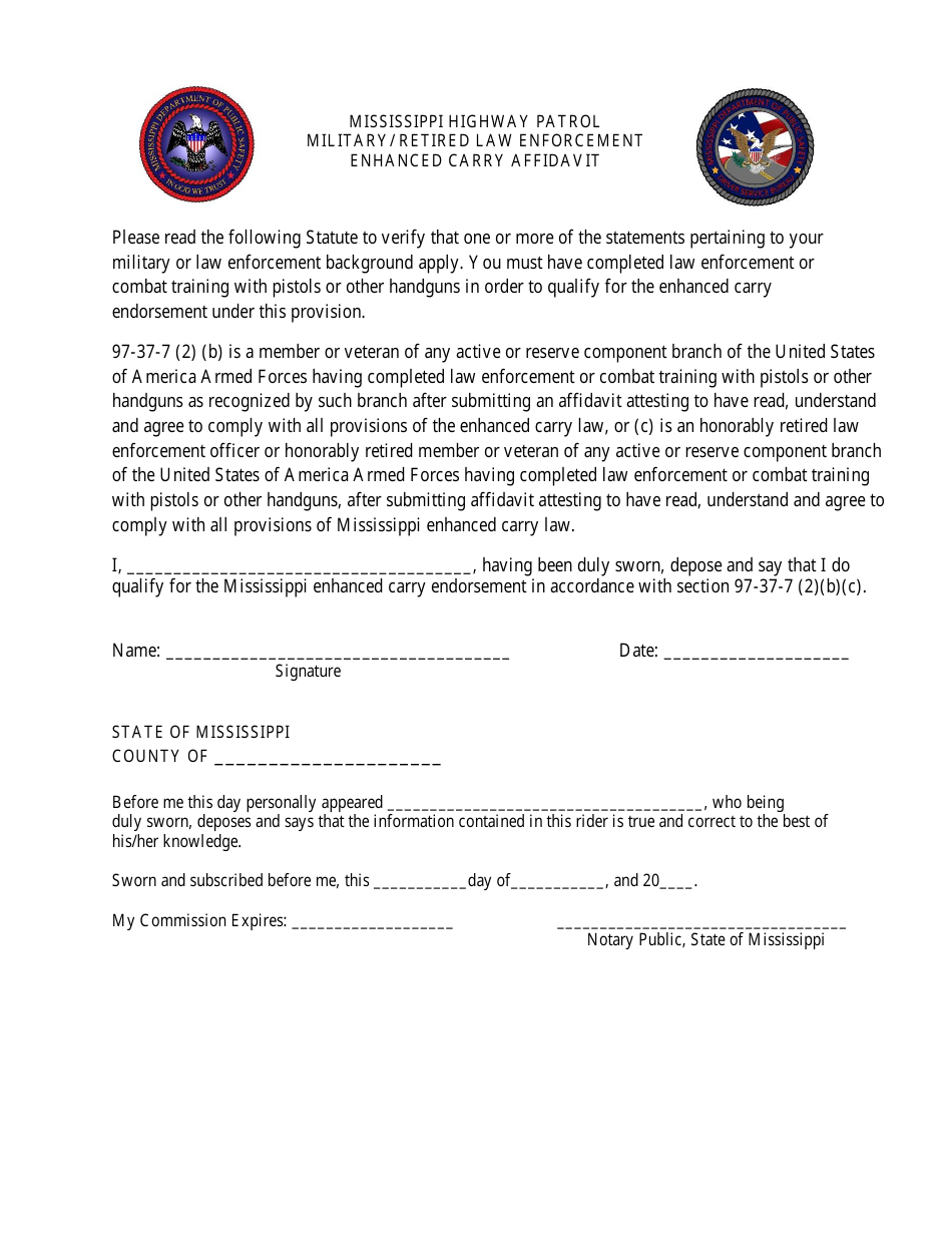 Military / Retired Law Enforcement Enhanced Carry Affidavit Form - Mississippi, Page 1