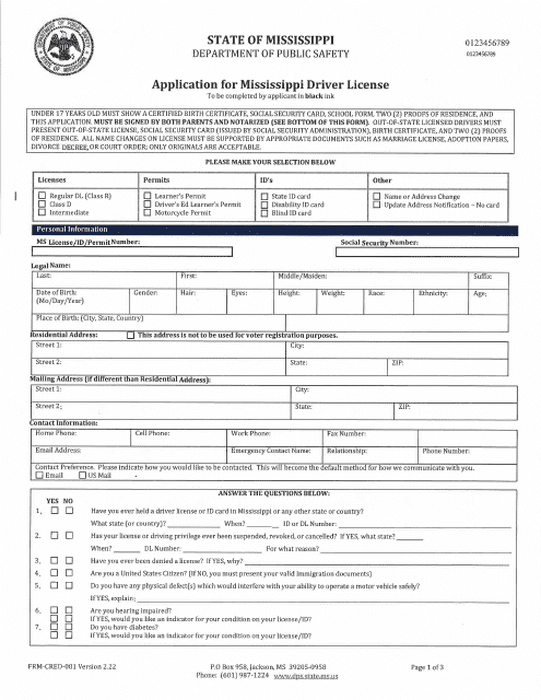 Form FRM-CRED-001 Application for Mississippi Driver License - Mississippi
