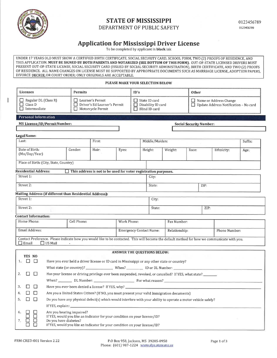 Form FRM-CRED-001 Application for Mississippi Driver License - Mississippi, Page 1