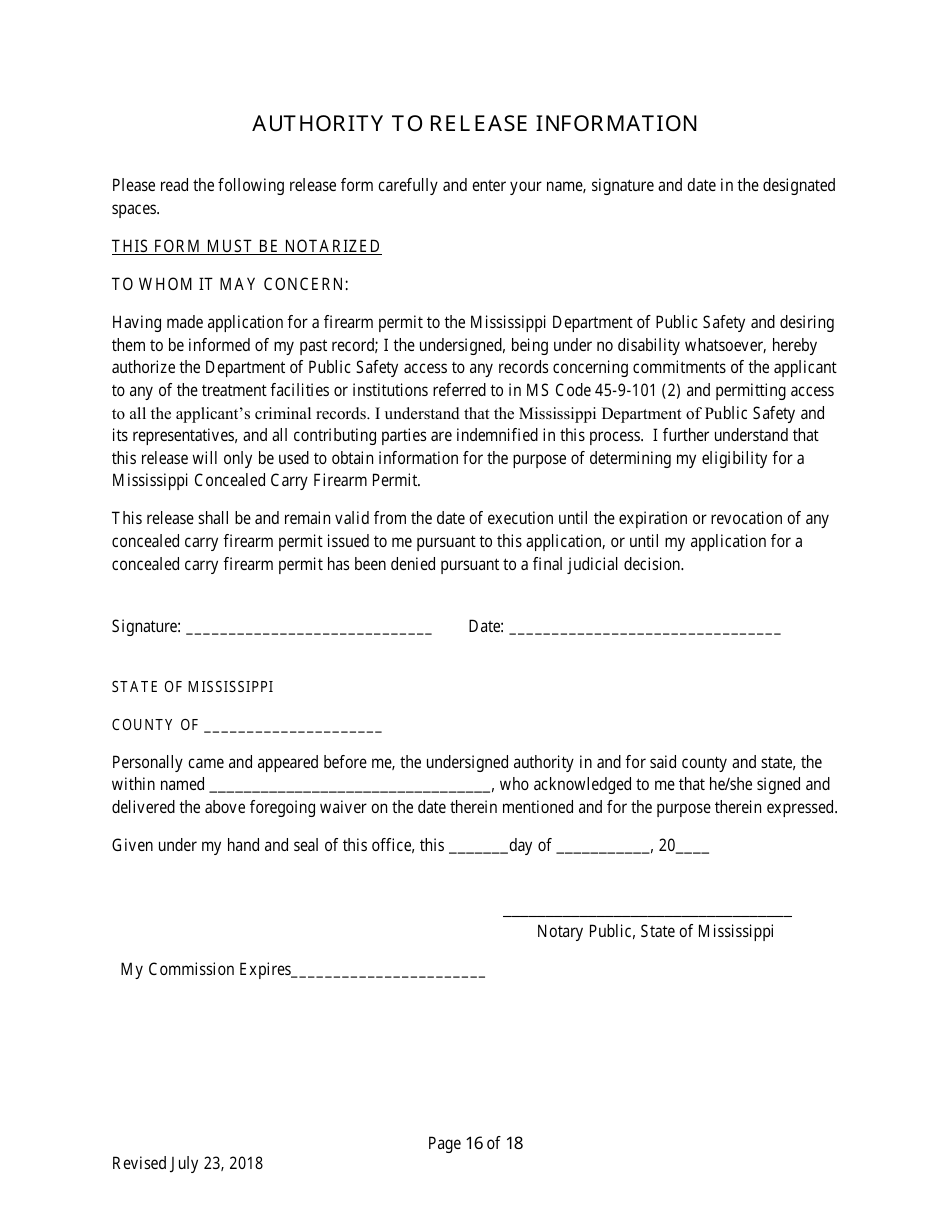 Individual Firearm Permit Form - Mississippi, Page 16
