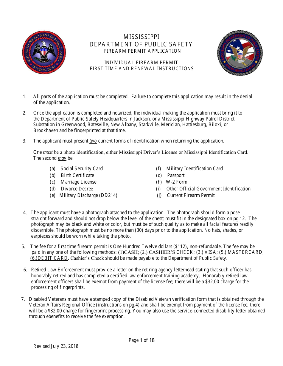 Individual Firearm Permit Form - Mississippi, Page 1