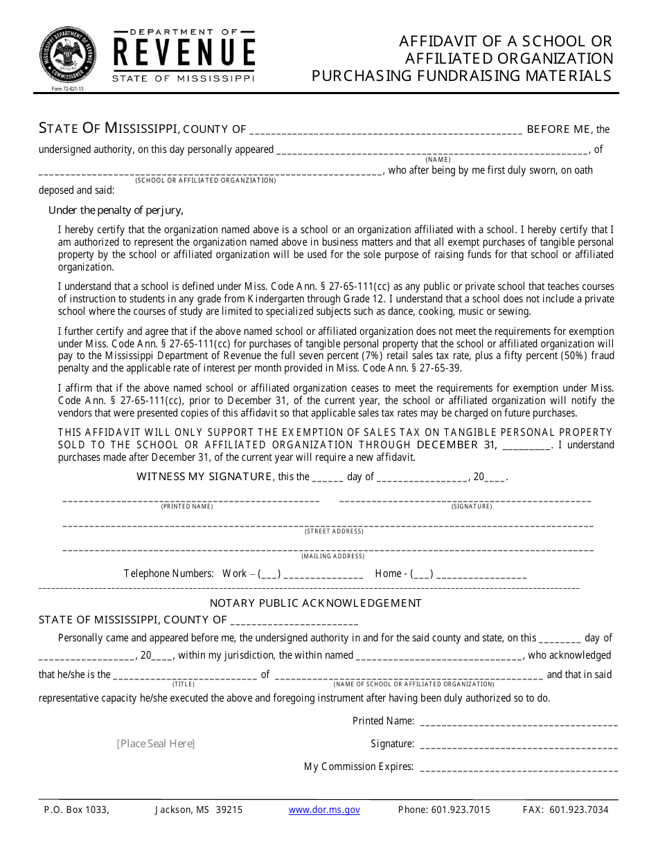 Form 72-621-13 Affidavit of a School or Affiliated Organization Purchasing Fundraising Materials - Mississippi, Page 1