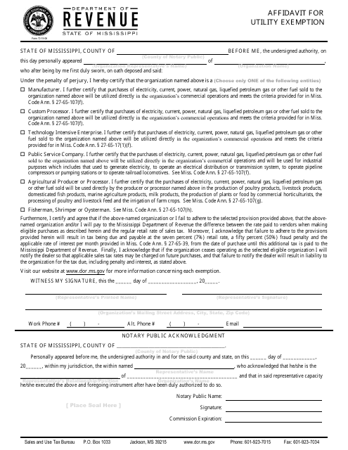 Form 72-15-06 Affidavit for Utility Exemption - Mississippi