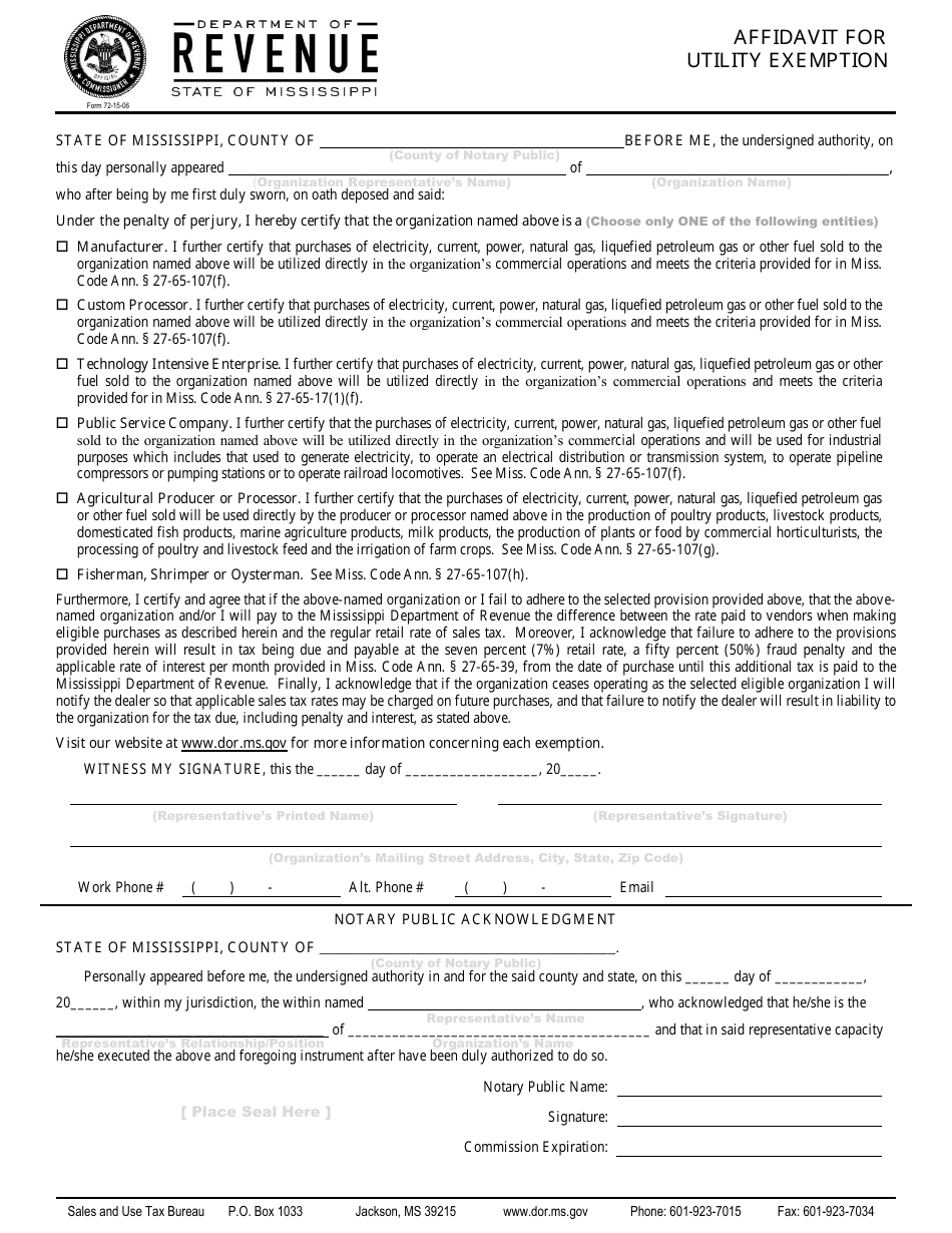 Form 72-15-06 Affidavit for Utility Exemption - Mississippi, Page 1