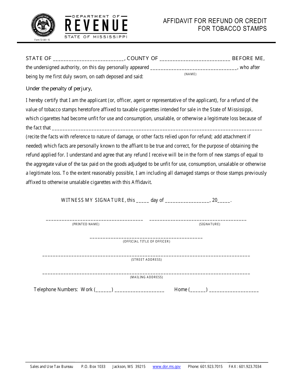 Form 72-001-15 Affidavit for Refund or Credit for Tobacco Stamps - Mississippi, Page 1