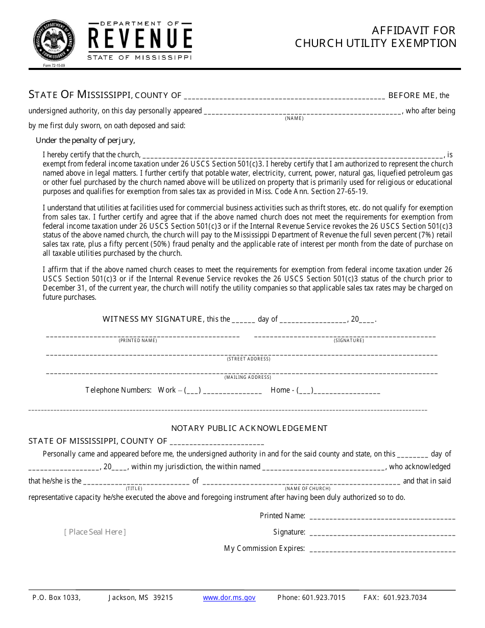 Form 72-15-09 Affidavit for Church Utility Exemption - Mississippi, Page 1