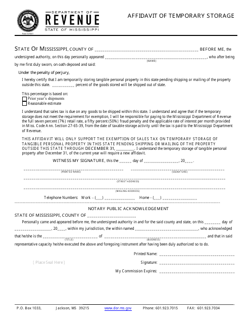 Form 72-16-01 Affidavit of Temporary Storage - Mississippi