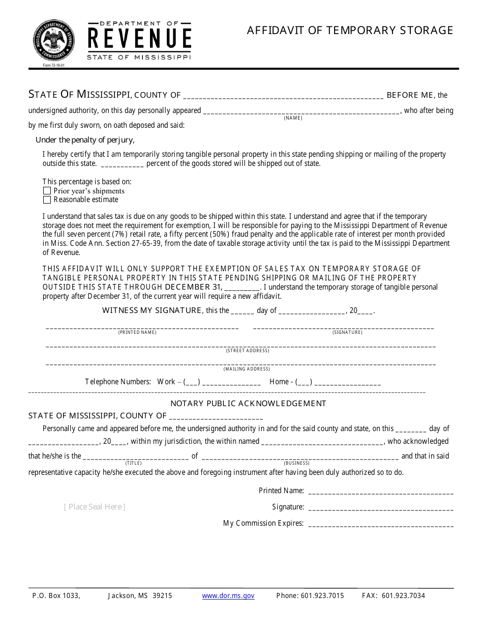 Form 72-16-01 Affidavit of Temporary Storage - Mississippi, Page 1