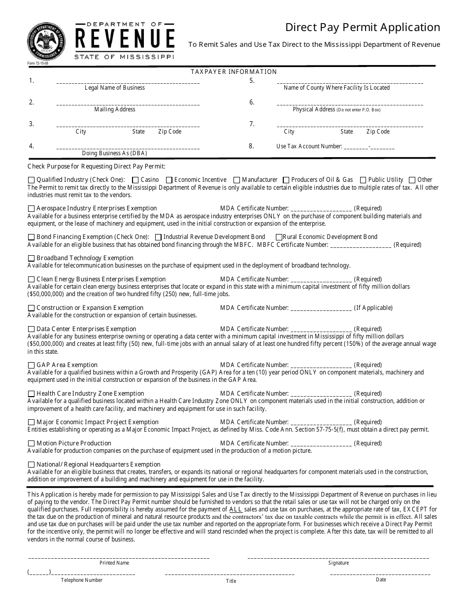Form 72-15-08 Direct Pay Permit Application - Mississippi, Page 1