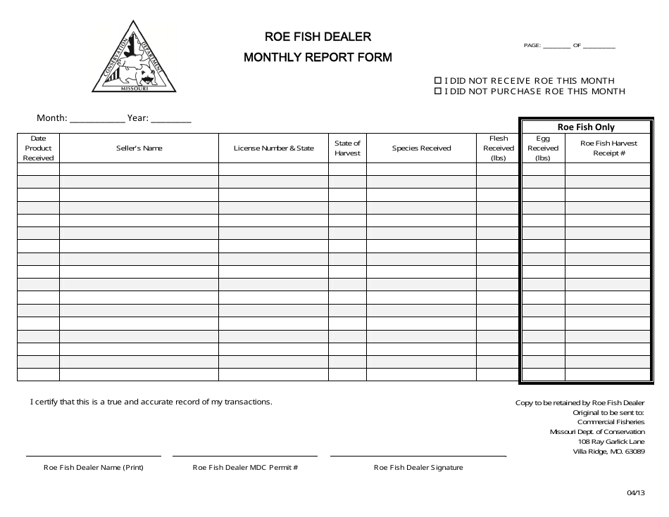 Roe Fish Dealer Monthly Report Form - Missouri, Page 1