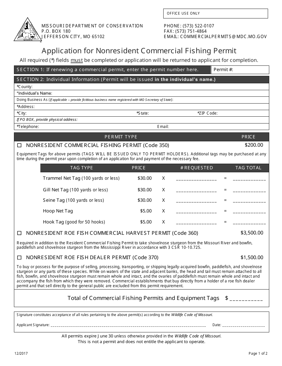 Application for Nonresident Commercial Fishing Permit - Missouri, Page 1