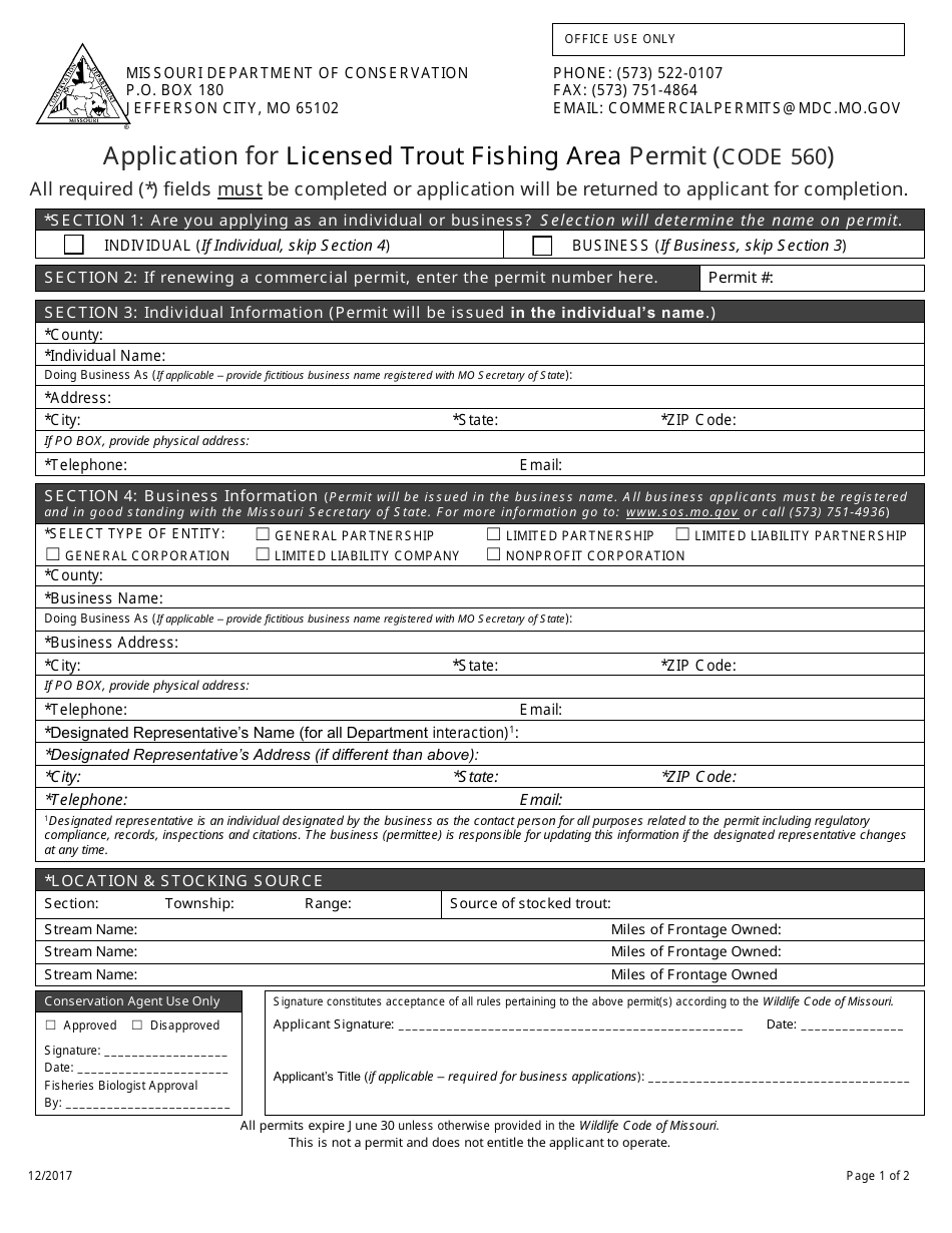 Application for Licensed Trout Fishing Area Permit (Code 560) - Missouri, Page 1