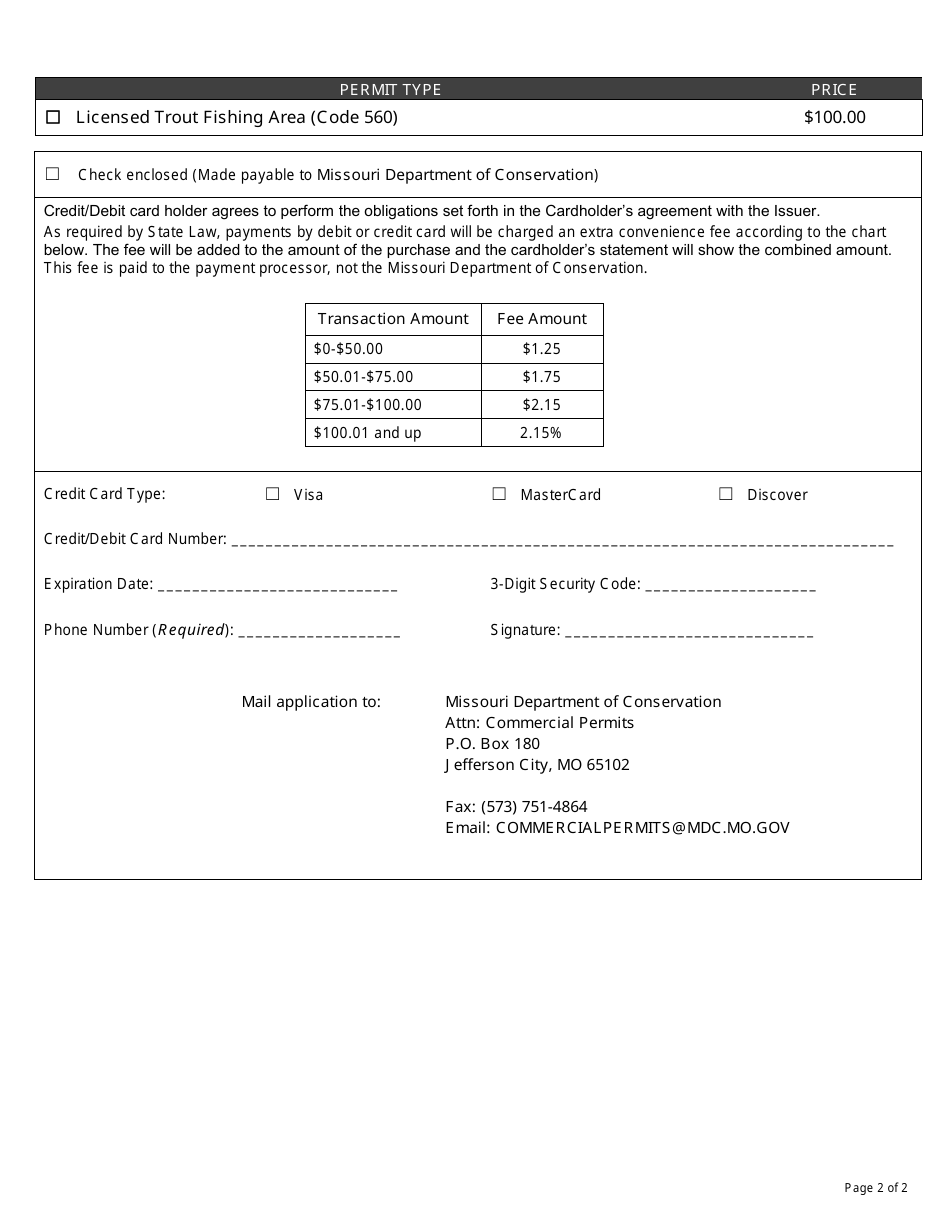 Application for Licensed Trout Fishing Area Permit (Code 560) - Missouri, Page 2