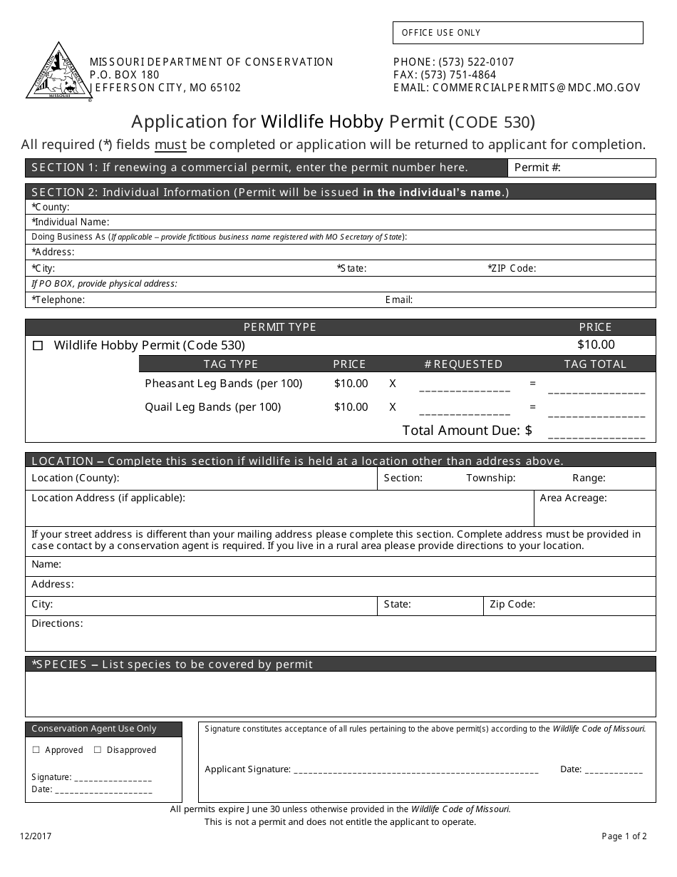 Application for Wildlife Hobby Permit (Code 530) - Missouri, Page 1