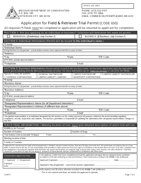 Application for Field & Retriever Trial Permit (Code 650) - Missouri Download Pdf