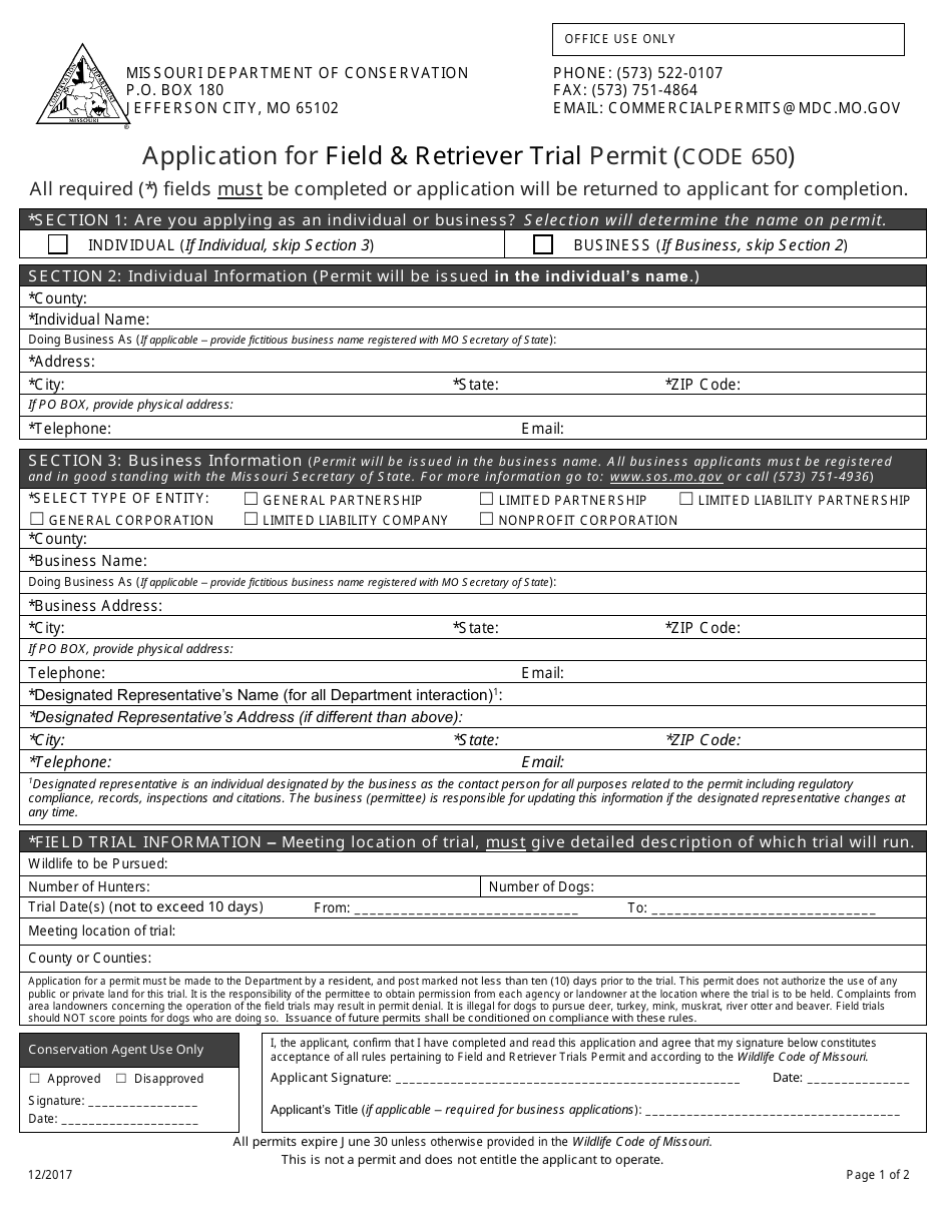 Application for Field  Retriever Trial Permit (Code 650) - Missouri, Page 1