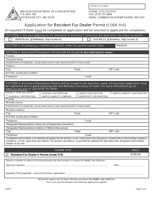 Application for Resident Fur Dealer Permit (Code 515) - Missouri Download Pdf