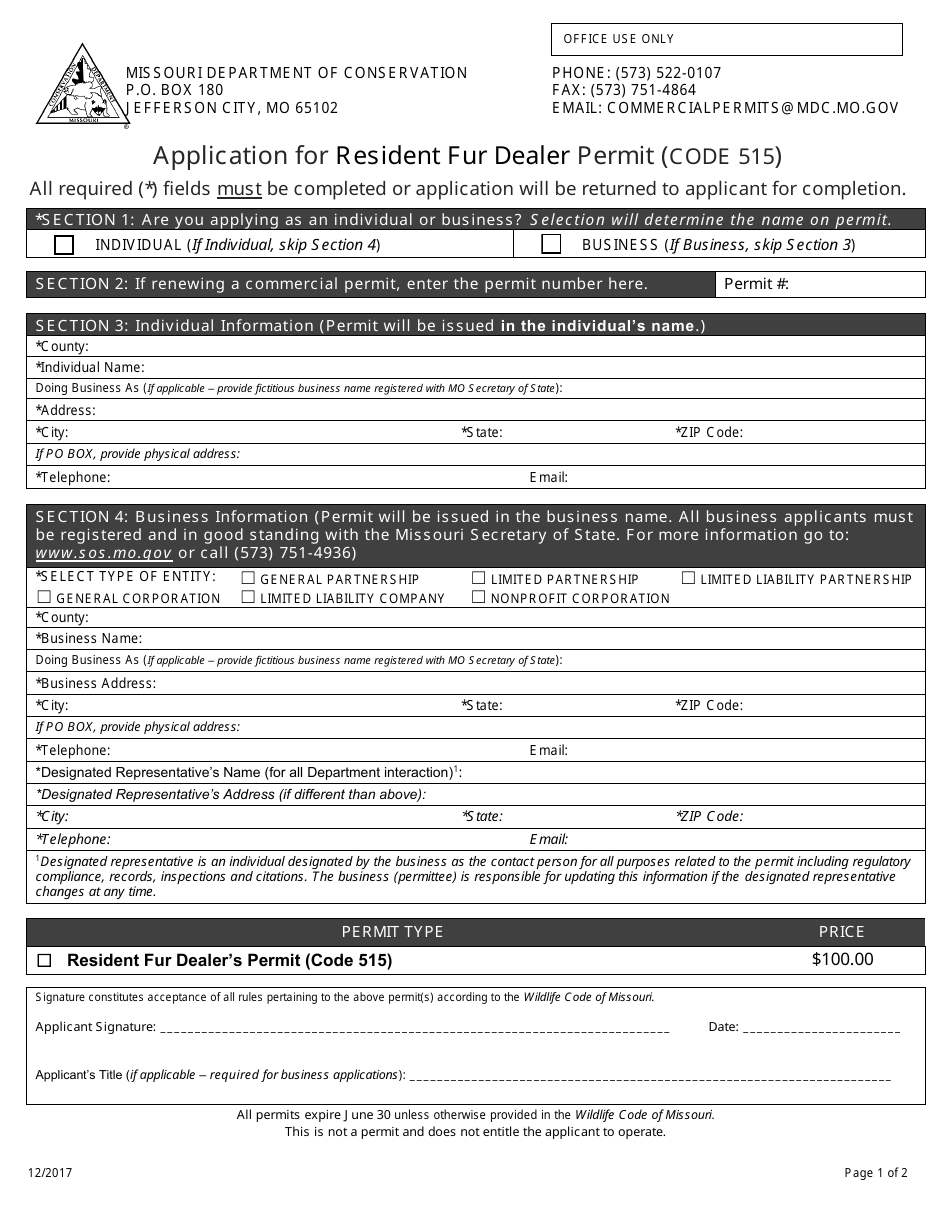 Application for Resident Fur Dealer Permit (Code 515) - Missouri, Page 1