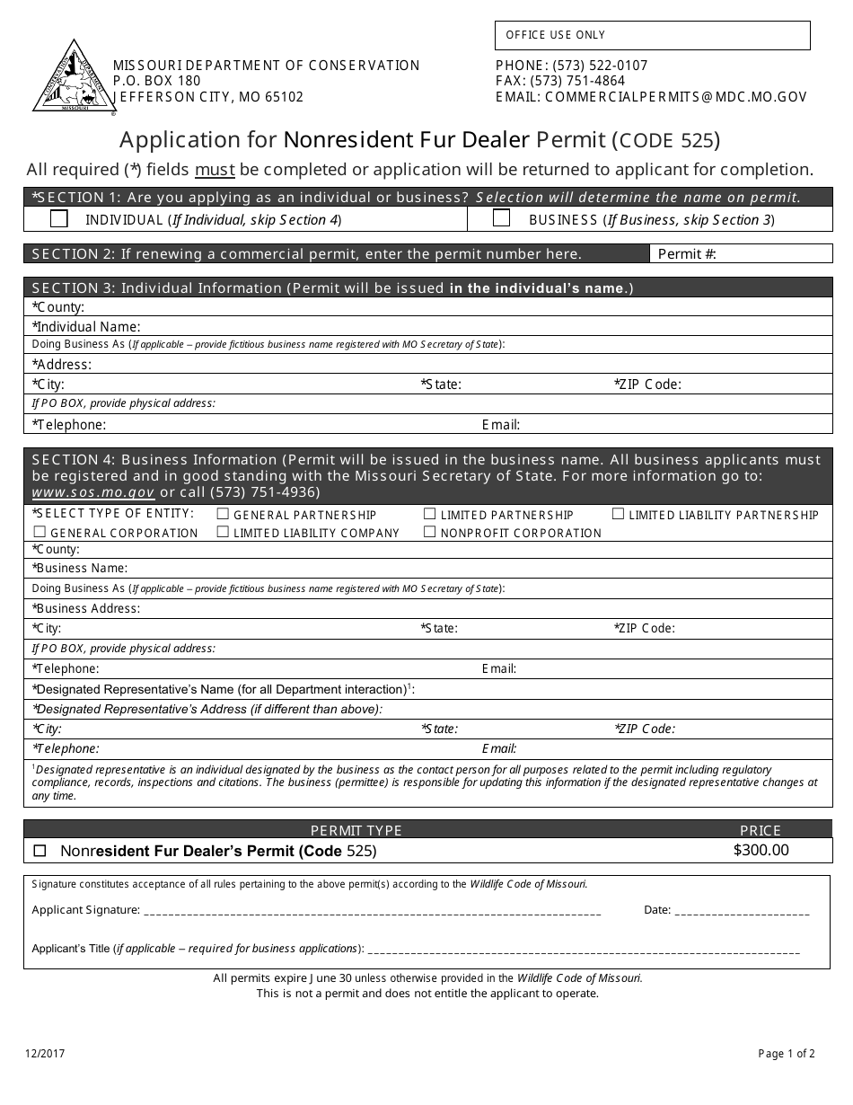 Application for Nonresident Fur Dealer Permit (Code 525) - Missouri, Page 1