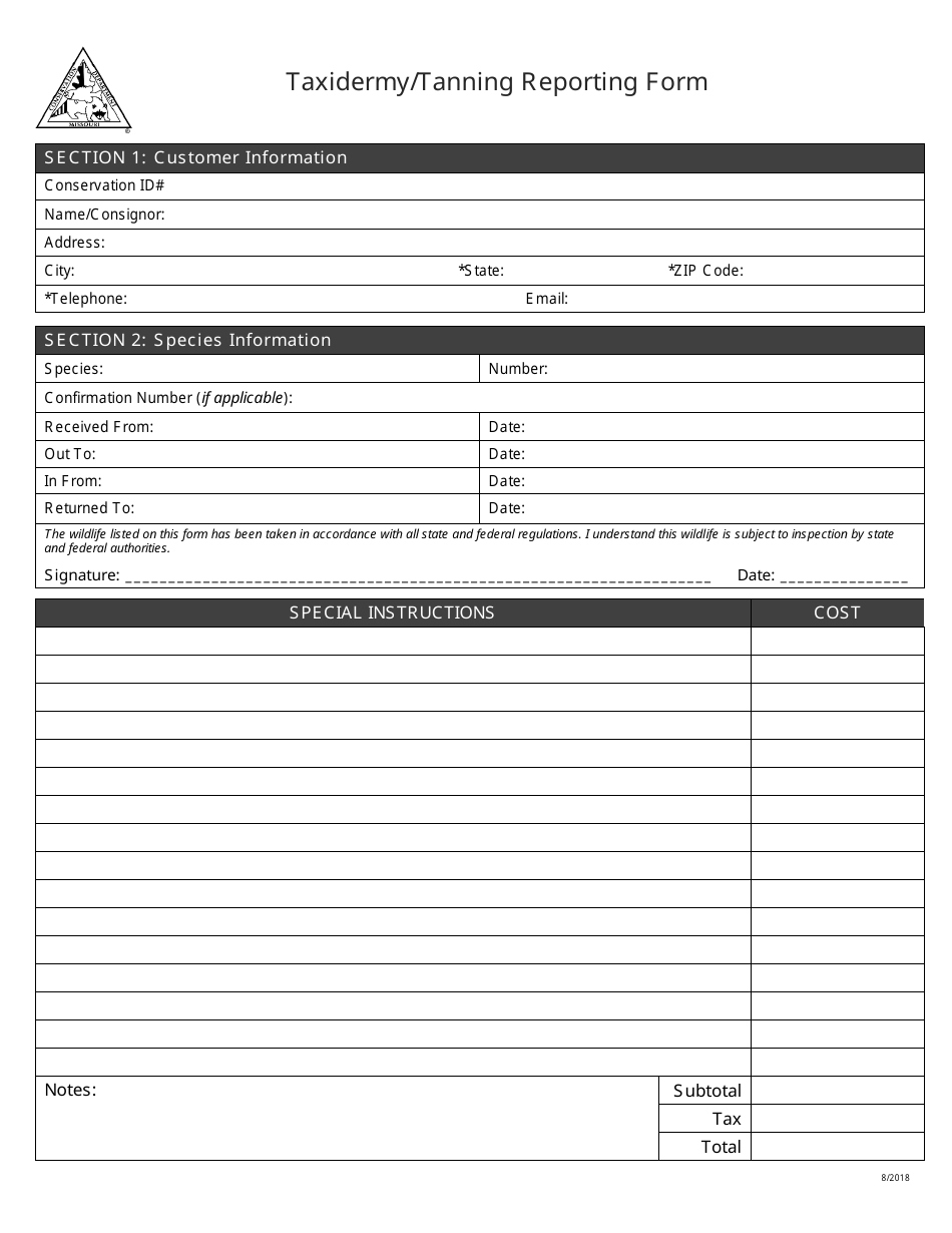 Taxidermy / Tanning Reporting Form - Missouri, Page 1