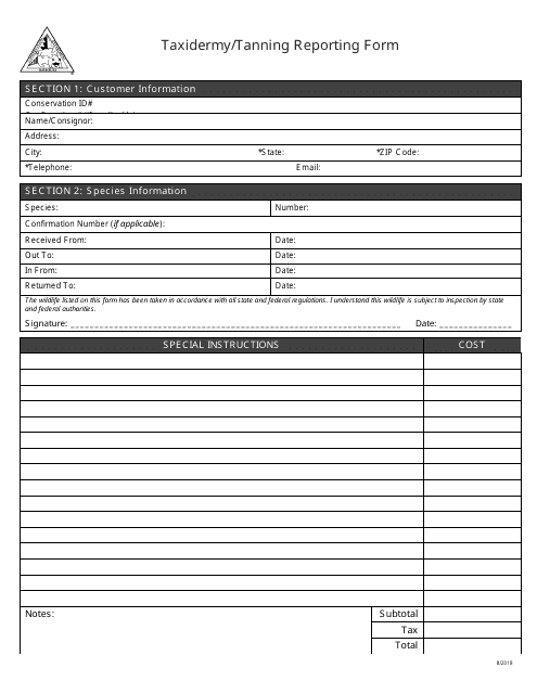 Taxidermy/Tanning Reporting Form - Missouri