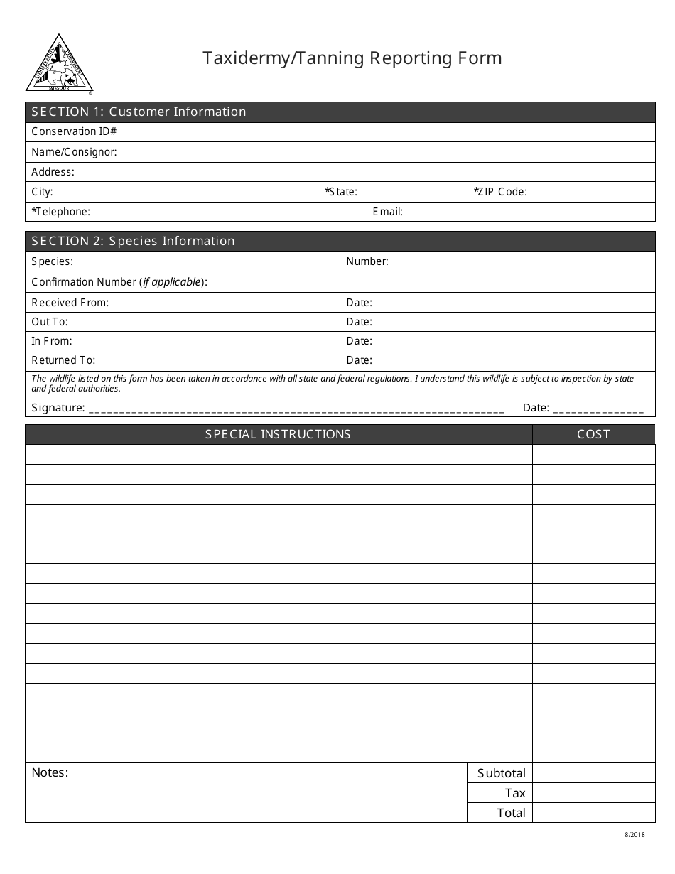 Missouri Taxidermy/Tanning Reporting Form Fill Out, Sign Online and