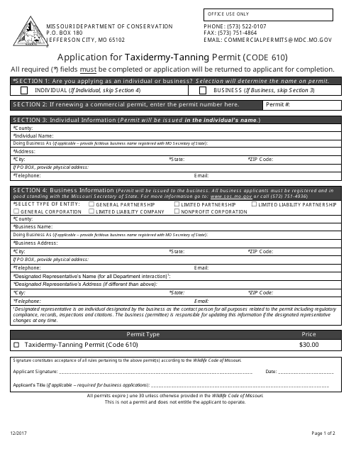Application for Taxidermy-Tanning Permit (Code 610) - Missouri Download Pdf
