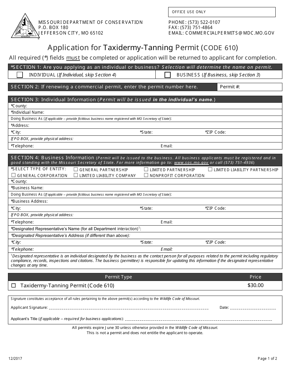 Application for Taxidermy-Tanning Permit (Code 610) - Missouri, Page 1