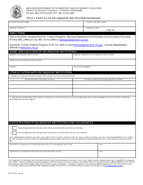 Form MO500-2489 Title I, Part D Lea Delinquent Institution Program - Missouri