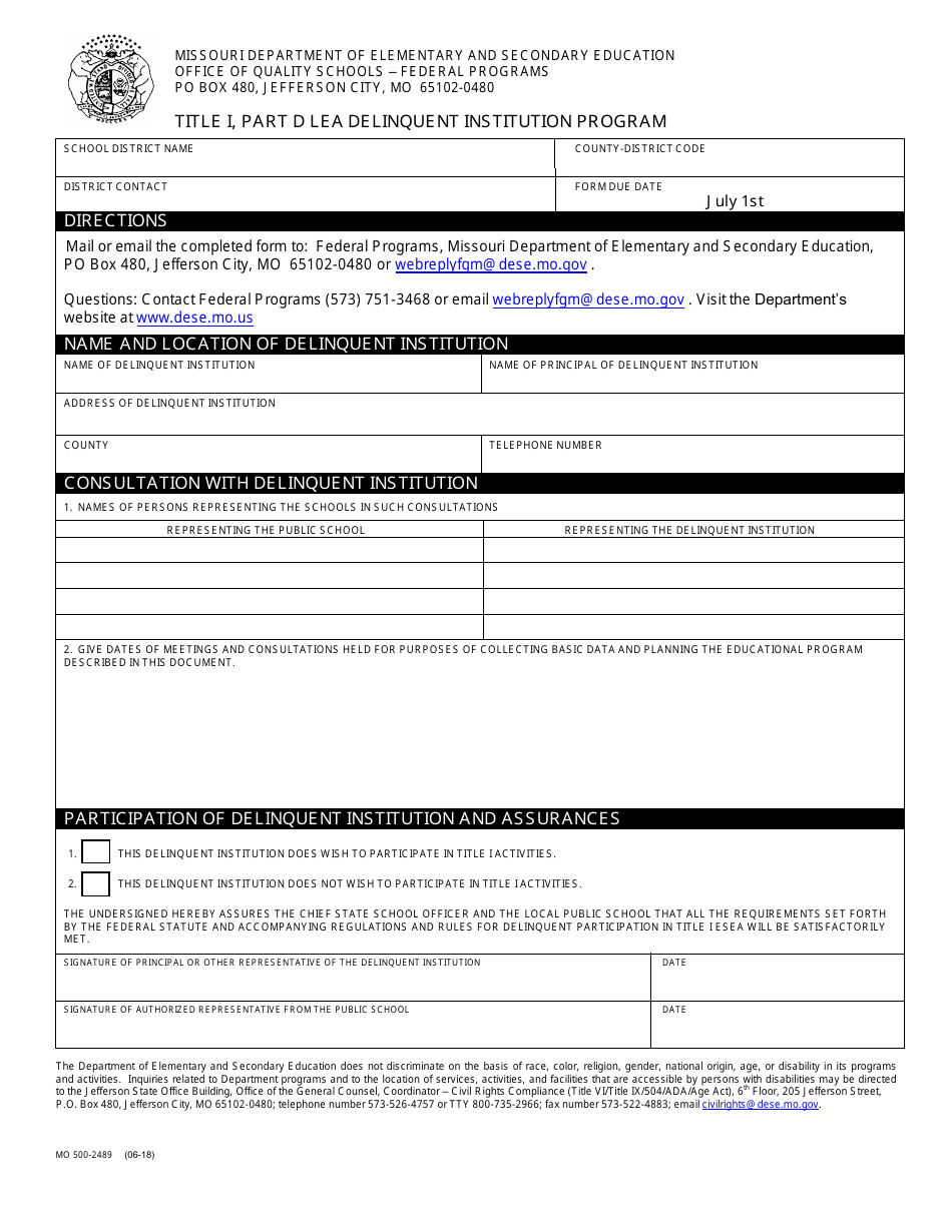 Form MO500-2489 Title I, Part D Lea Delinquent Institution Program - Missouri, Page 1