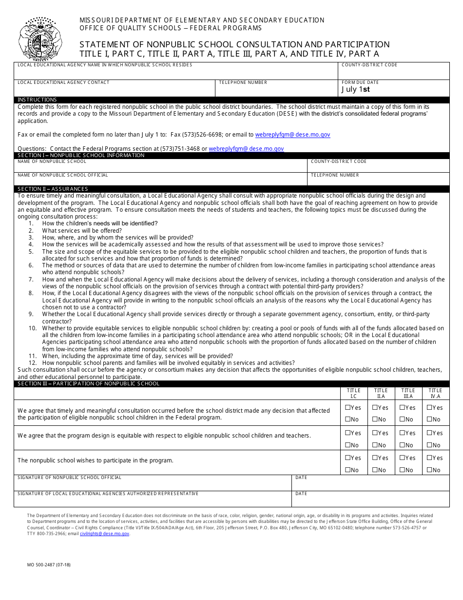 Form MO500-2487 Statement of Nonpublic School Consultation and Participation Title I, Part C, Title II, Part a, Title Iii, Part a, and Title IV, Part a - Missouri, Page 1