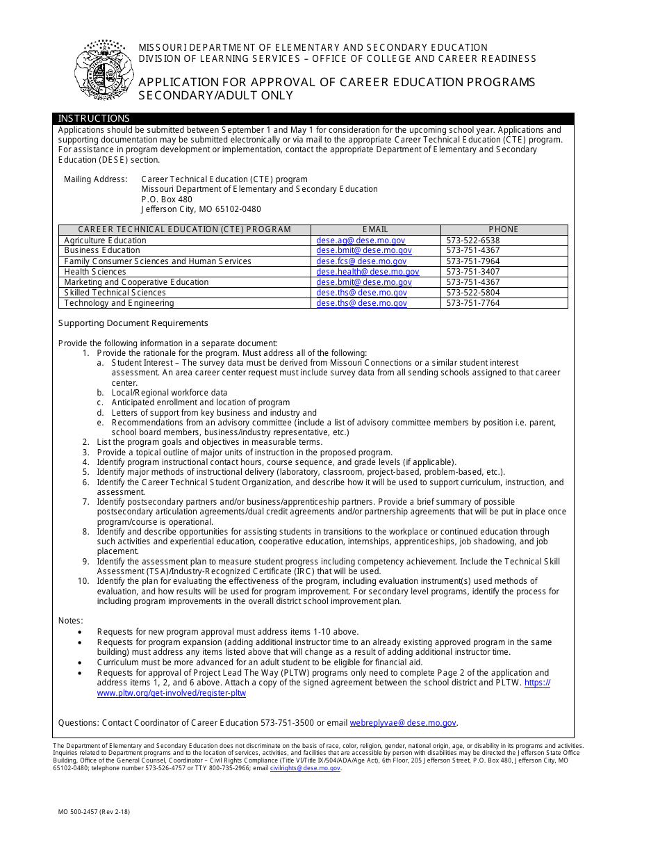 Form MO500-2457 Application for Approval of Career Education Programs - Secondary / Adult Only - Missouri, Page 1
