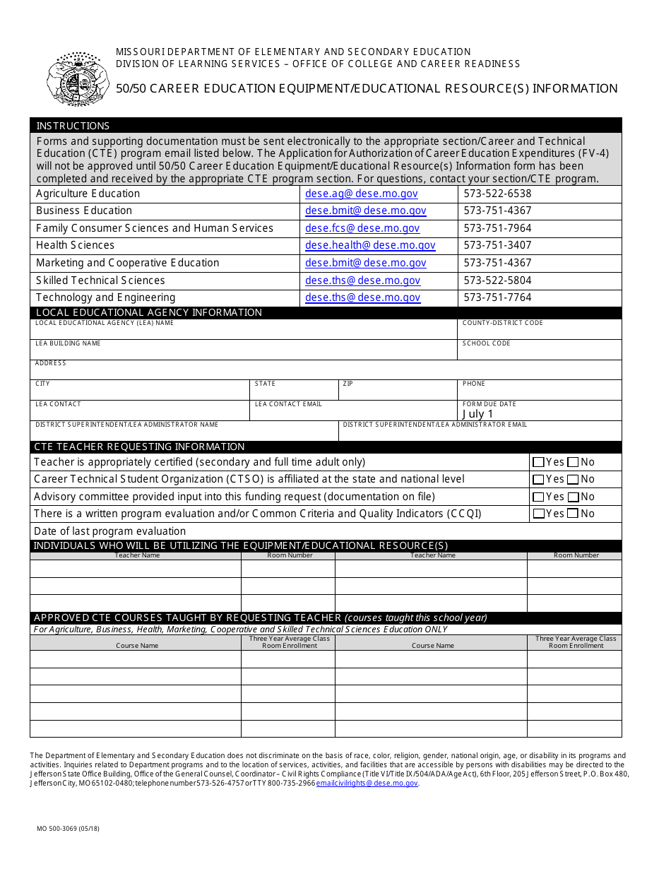Form MO500-3069 50 / 50 Career Education Equipment / Educational Resource(S) Information - Missouri, Page 1