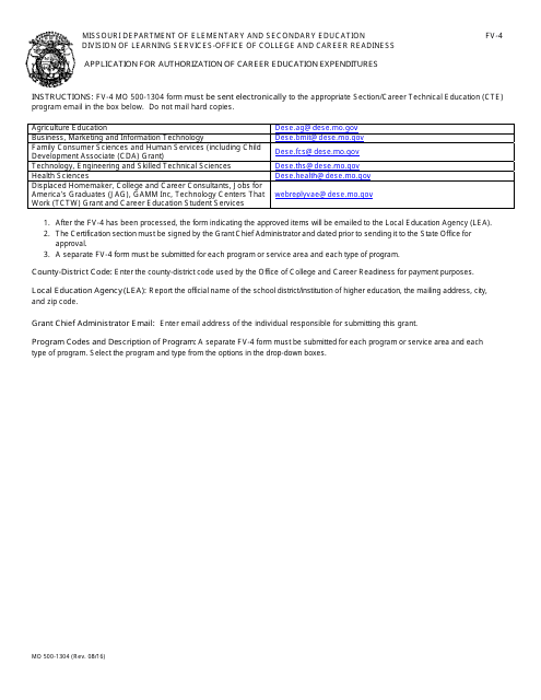 Form MO500-1304 (FV-4) Application for Authorization of Career Education Expenditures - Missouri