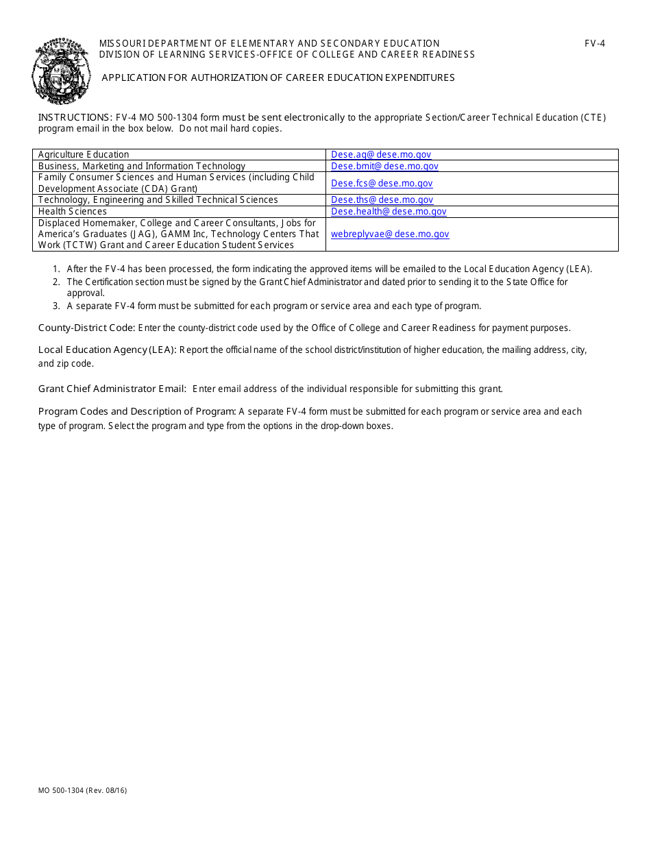 Form MO500-1304 (FV-4) Application for Authorization of Career Education Expenditures - Missouri, Page 1