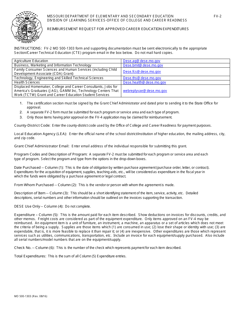 Form MO500-1303 (FV-2) Reimbursement Request for Approved Career Education Expenditures - Missouri, Page 1