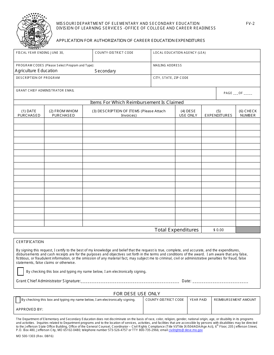Form MO500-1303 (FV-2) Reimbursement Request for Approved Career Education Expenditures - Missouri, Page 2