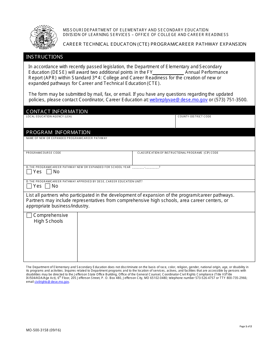 Form MO-500-3158 Career Technical Educaton (Cte) Program / Career Pathway Expansion - Missouri, Page 1