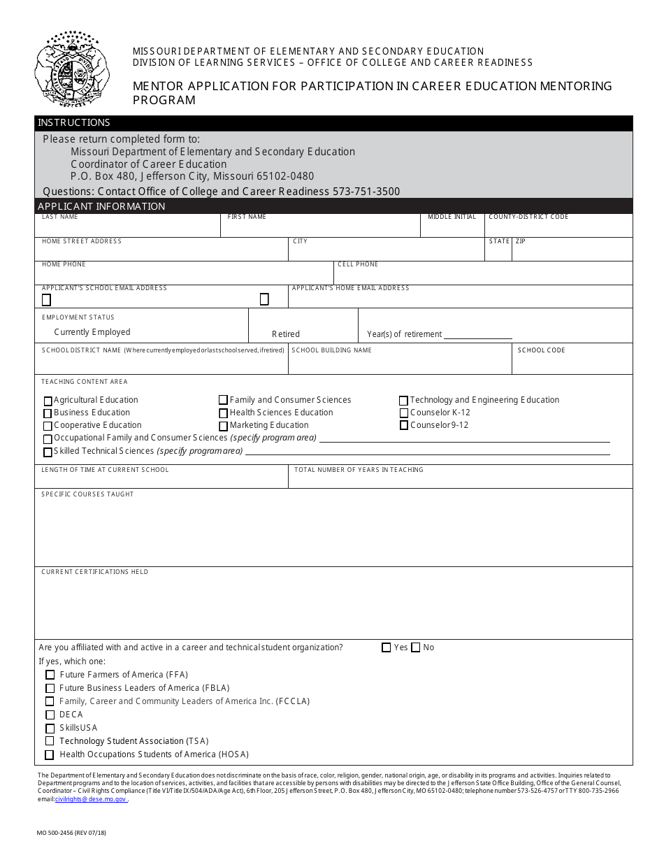 Form MO500-2456 Mentor Application for Participation in Career Education Mentoring Program - Missouri, Page 1