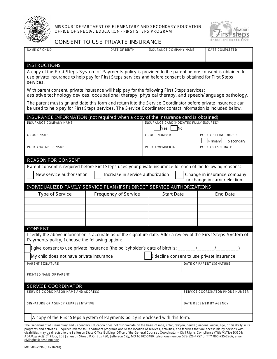 Form MO500-2996 Consent to Use Private Insurance - Missouri, Page 1