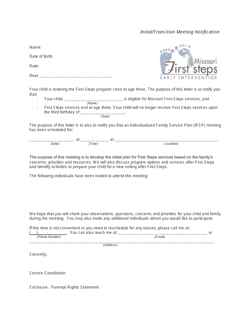 Initial / Transition Meeting Notification Letter - Missouri Download Pdf