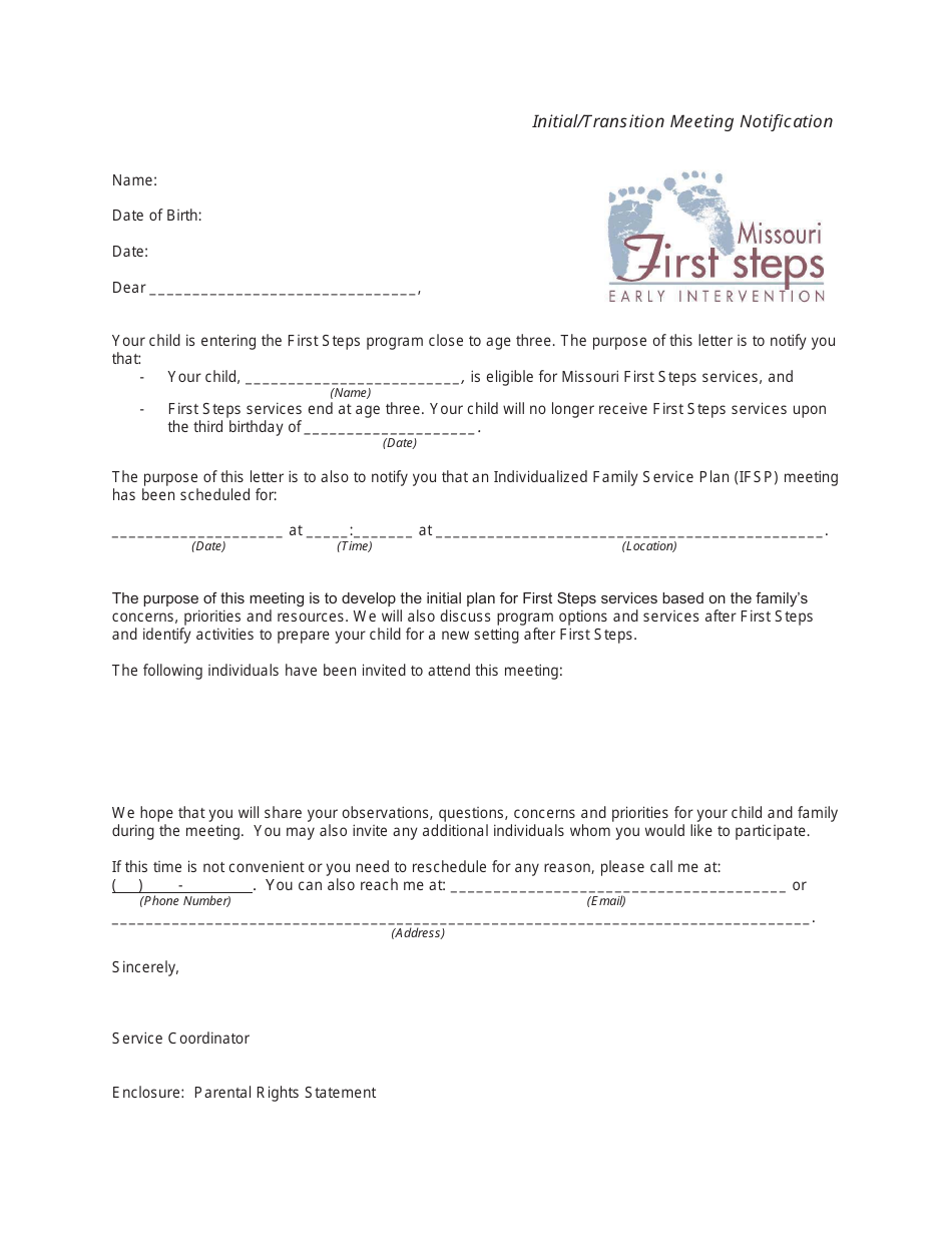 Initial / Transition Meeting Notification Letter - Missouri, Page 1